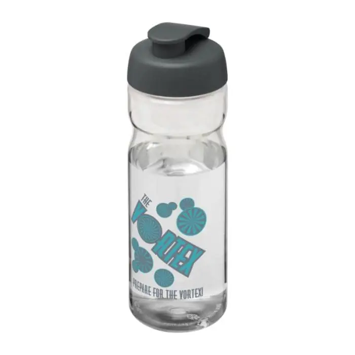 Branded H2O Active Base Flip Lid Bottle in clear with grey lid and printed logo