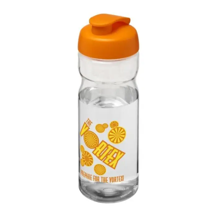 Branded H2O Active Base Flip Lid Bottle in clear with orange lid and printed logo