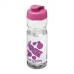 Branded H2O Active Base Flip Lid Bottle in clear with pink lid and printed logo