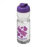 Branded H2O Active Base Flip Lid Bottle in clear with purple lid and printed logo