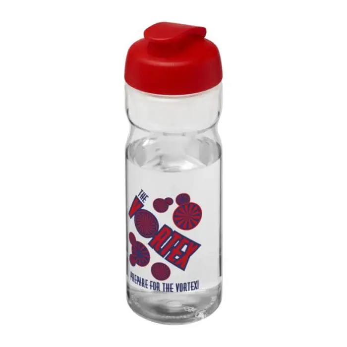 Branded H2O Active Base Flip Lid Bottle in clear with red lid and printed logo