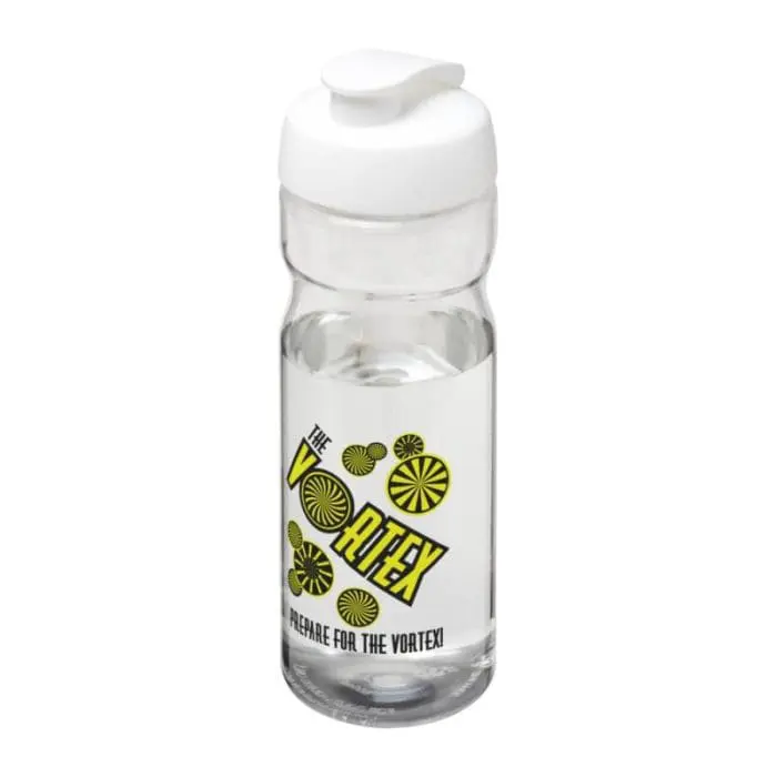 Branded H2O Active Base Flip Lid Bottle in clear with white lid and printed logo