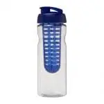 Branded H2O Active Base Flip Lid Infuser Bottle 650ml in clear with blue lid and printed logo