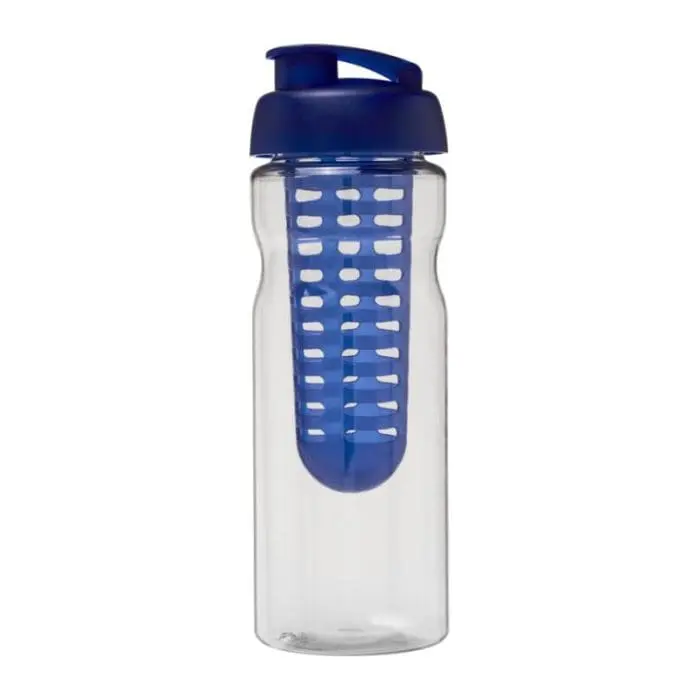 Branded H2O Active Base Flip Lid Infuser Bottle 650ml in clear with blue lid and printed logo