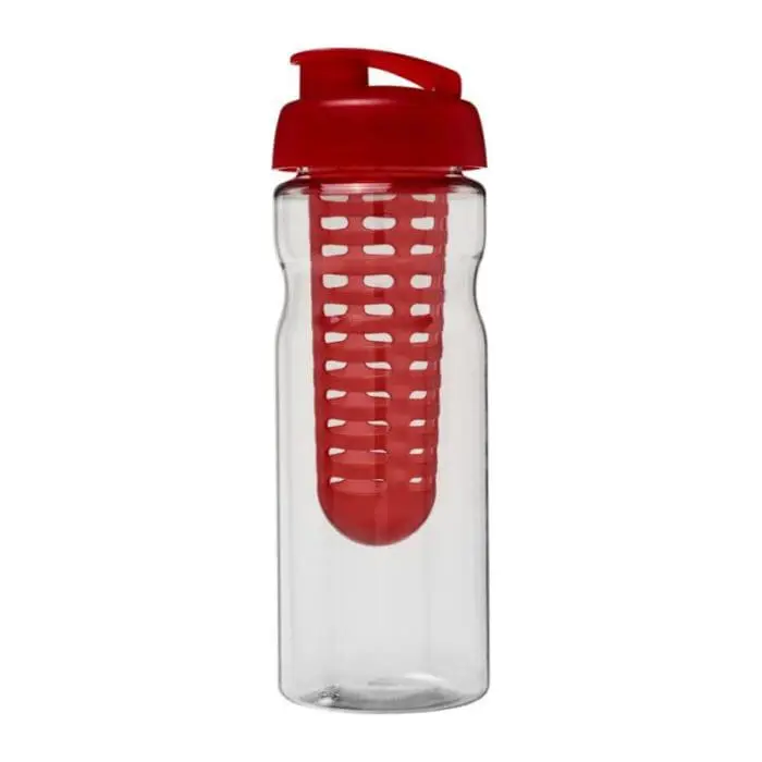 Branded H2O Active Base Flip Lid Infuser Bottle 650ml in clear with red lid and printed logo