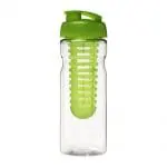 Branded H2O Active Base Flip Lid Infuser Bottle 650ml in clear with green lid and printed logo