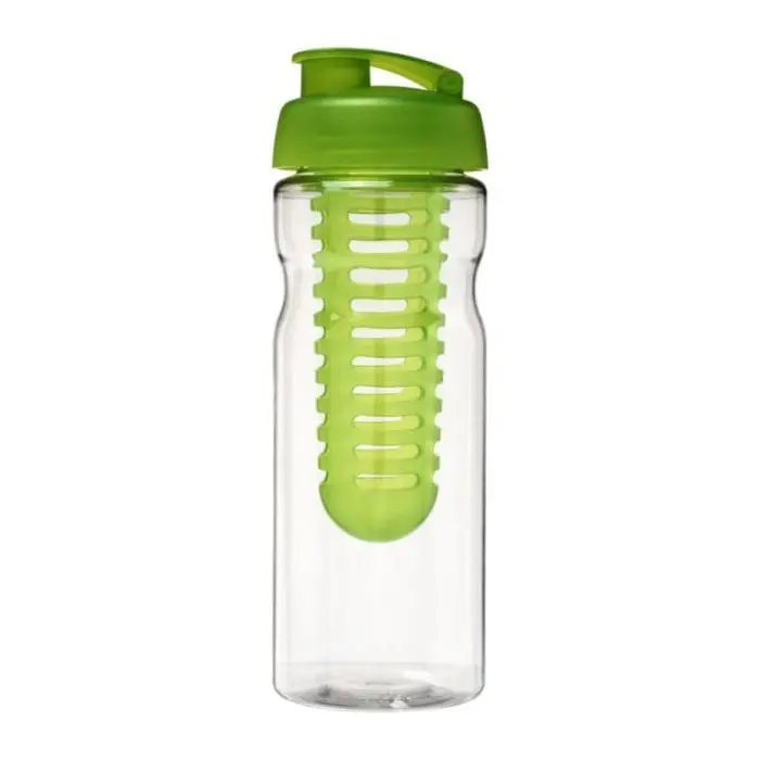 Branded H2O Active Base Flip Lid Infuser Bottle 650ml in clear with green lid and printed logo