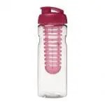 Promotional H2O Active Base Flip Lid Infuser Bottle 650ml in clear with pink lid and printed logo