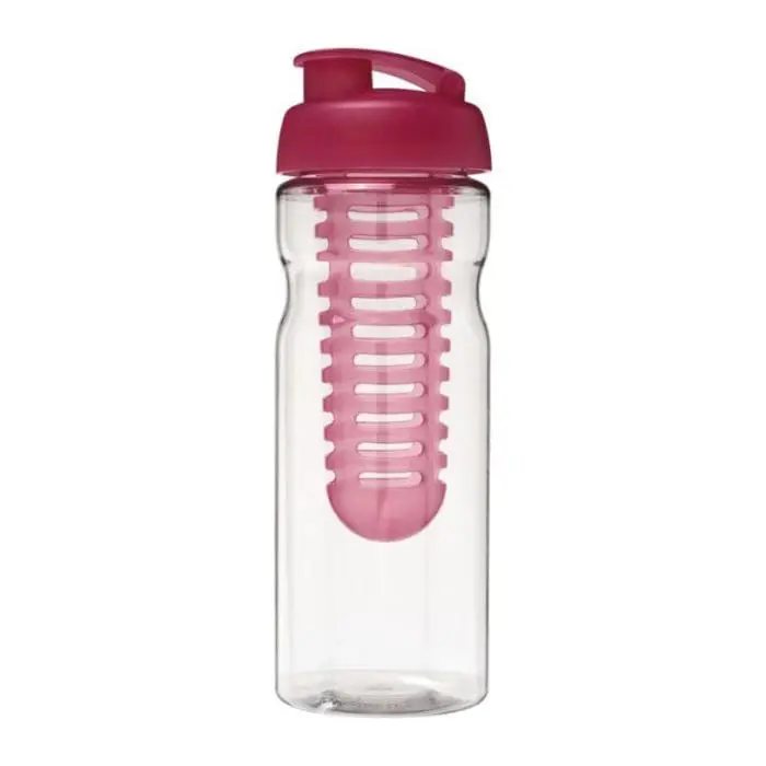 Promotional H2O Active Base Flip Lid Infuser Bottle 650ml in clear with pink lid and printed logo