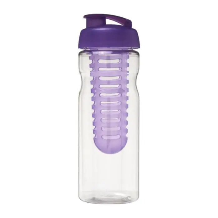 Promotional H2O Active Base Flip Lid Infuser Bottle 650ml in clear with purple lid and printed logo