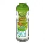 Printed H2O Active Base Flip Lid Infuser Bottle 650ml in clear with light green lid and printed logo