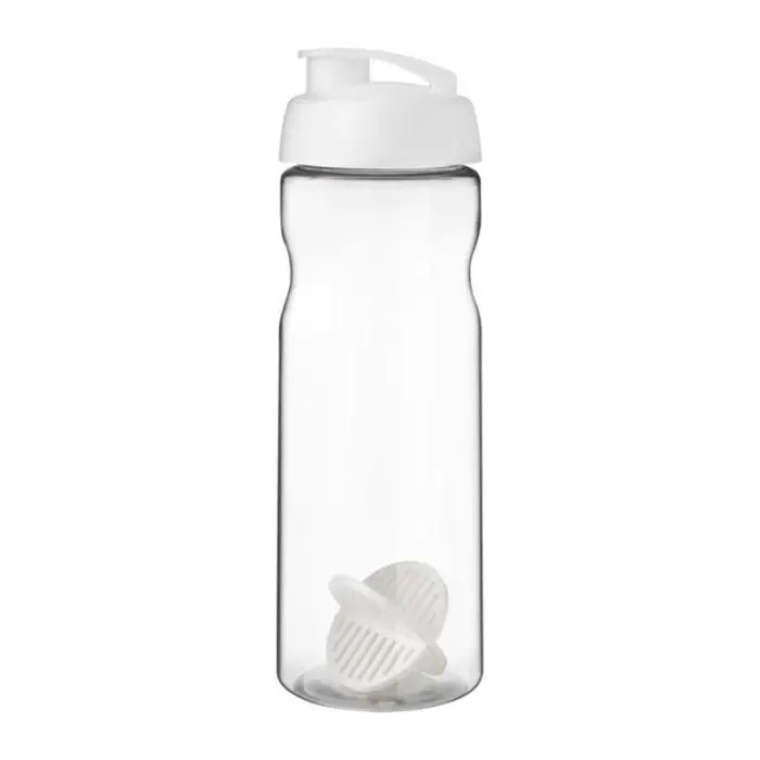 Promotional Base Flip Lid Shaker Bottle 650ml in clear with white lid and white mixer and printed logo