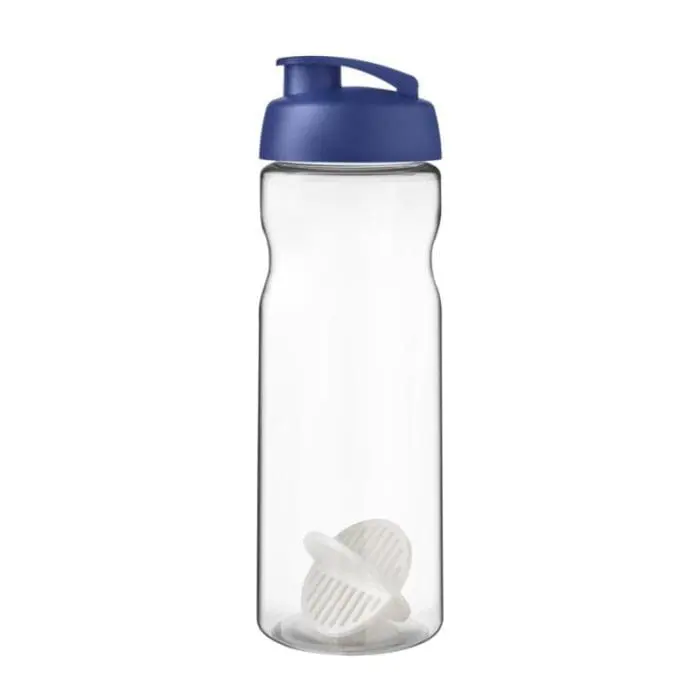 Branded Base Flip Lid Shaker Bottle 650ml in clear with coloured lid and white mixer and printed logo