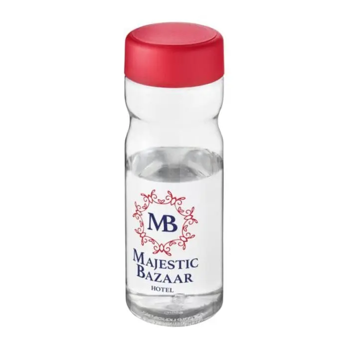 Branded H2O Active Base Screw Cap Bottle in clear with red lid and printed logo