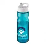 Branded H2O Active Base Spout Lid Bottle in turquoise with white lid and printed logo