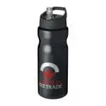 Branded H2O Active Base Spout Lid Bottle in black with black lid and printed logo