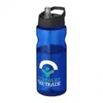 Branded H2O Active Base Spout Lid Bottle in blue with black lid and printed logo