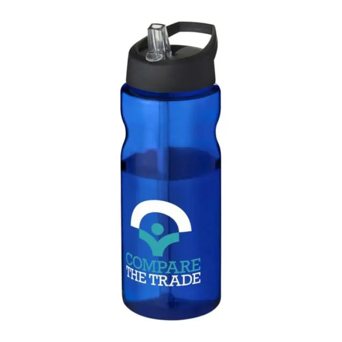 Branded H2O Active Base Spout Lid Bottle in blue with black lid and printed logo