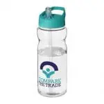 Branded H2O Active Base Spout Lid Bottle in clear with aqua lid and printed logo