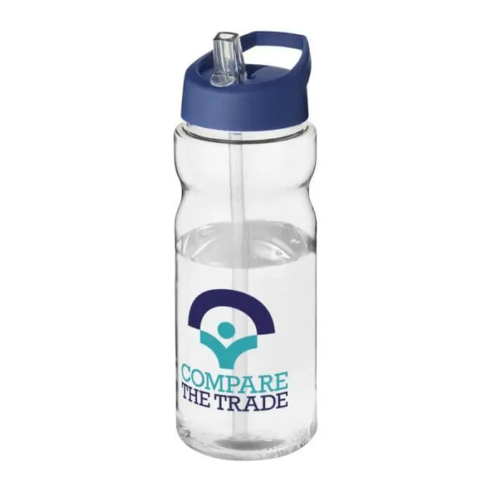 Branded H2O Active Base Spout Lid Bottle in clear with blue lid and printed logo