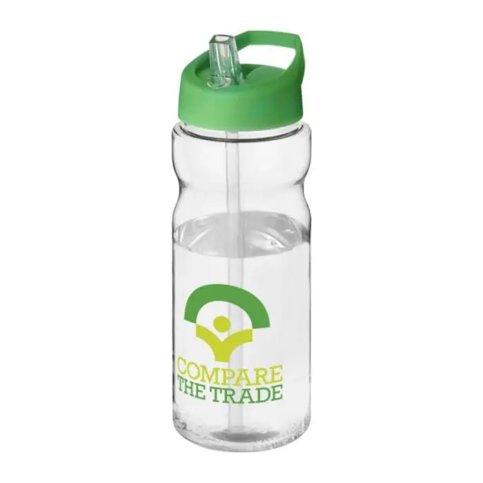 Branded H2O Active Base Spout Lid Bottle in clear with green lid and printed logo