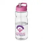 Branded H2O Active Base Spout Lid Bottle in clear with pink lid and printed logo