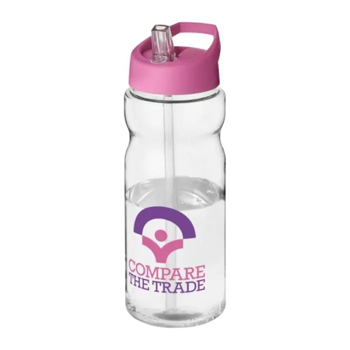 Branded H2O Active Base Spout Lid Bottle in clear with pink lid and printed logo