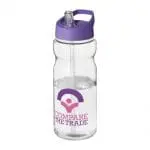 Branded H2O Active Base Spout Lid Bottle in clear with purple lid and printed logo