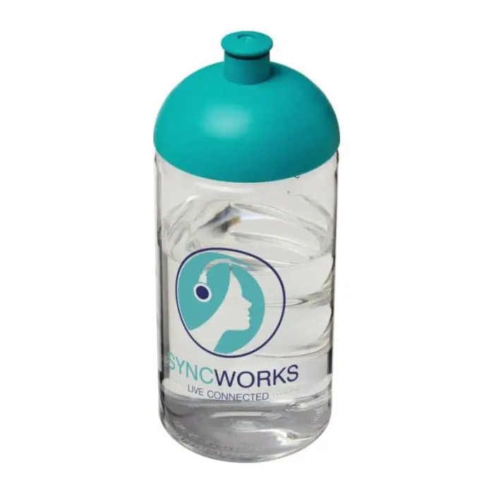 Branded H2O Active Bop Dome Lid Bottle 500ml in clear with turquoise lid and printed logo