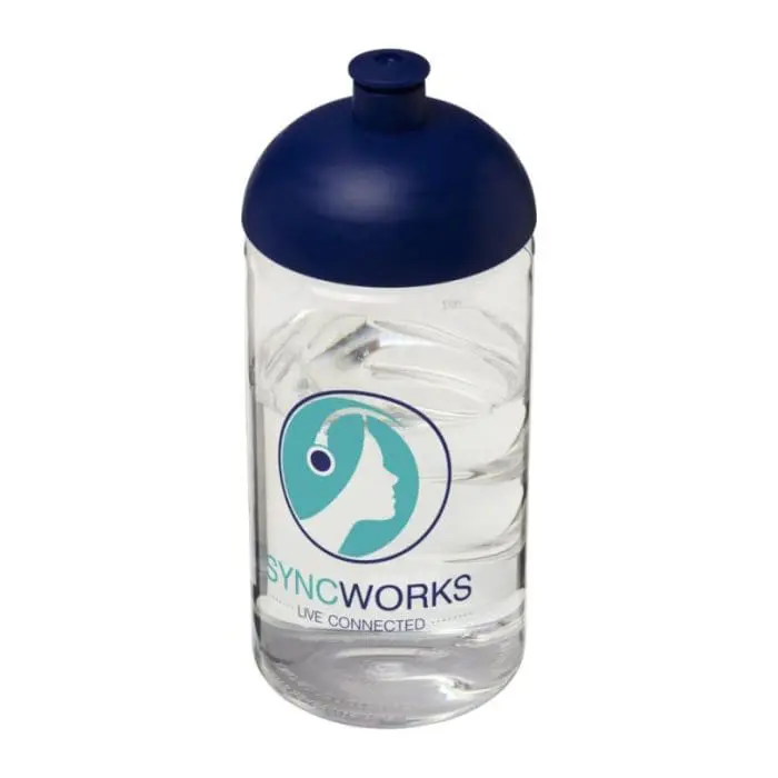 Branded H2O Active Bop Dome Lid Bottle 500ml in clear with blue lid and printed logo