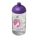 Custom-branded H2O Active Bop Dome Lid Bottle 500ml in clear with purple lid and printed logo