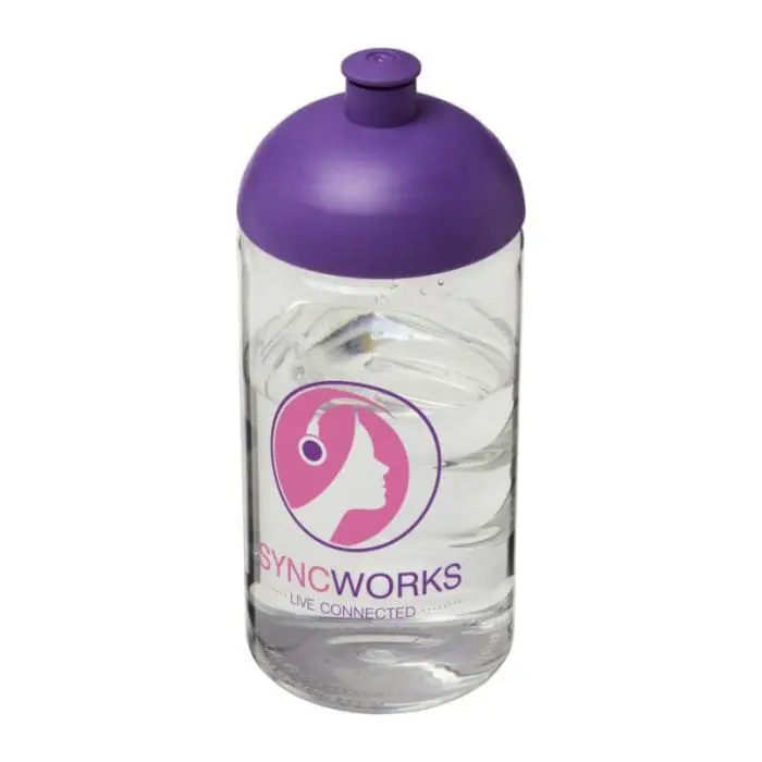 Custom-branded H2O Active Bop Dome Lid Bottle 500ml in clear with purple lid and printed logo