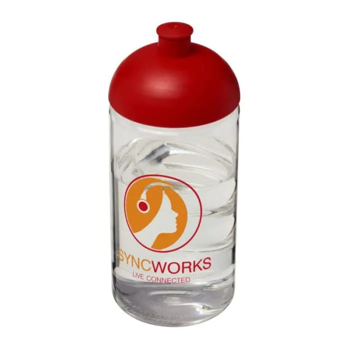 Personalised H2O Active Bop Dome Lid Bottle 500ml in clear with red lid and printed logo