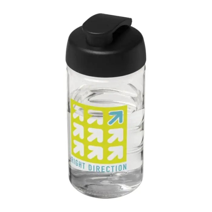 Promotional H2O Active Bop Flip Lid Bottle 500ml in clear with black lid and printed logo