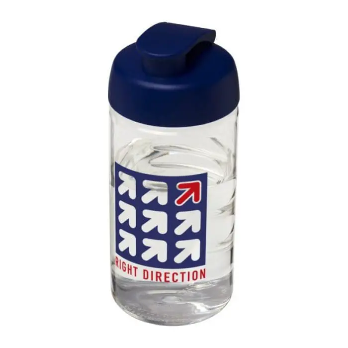 Printed H2O Active Bop Flip Lid Bottle 500ml in clear with blue lid and printed logo