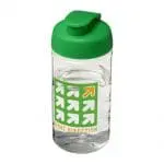 Printed H2O Active Bop Flip Lid Bottle 500ml in clear with green lid and printed logo