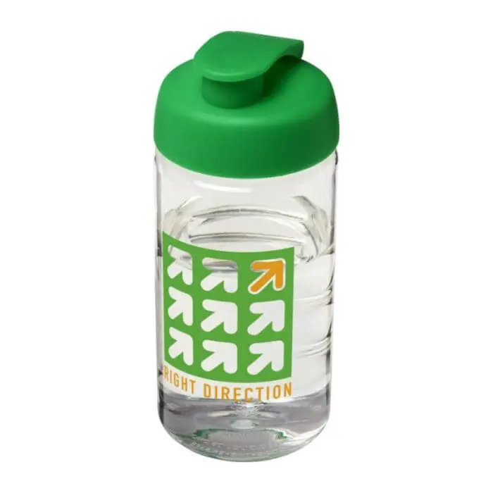 Printed H2O Active Bop Flip Lid Bottle 500ml in clear with green lid and printed logo