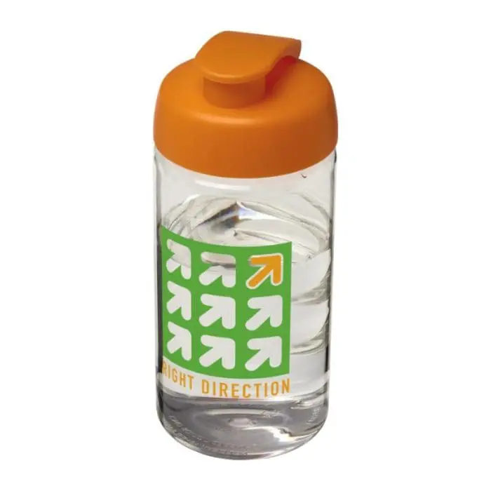 Printed H2O Active Bop Flip Lid Bottle 500ml in clear with orange lid and printed logo