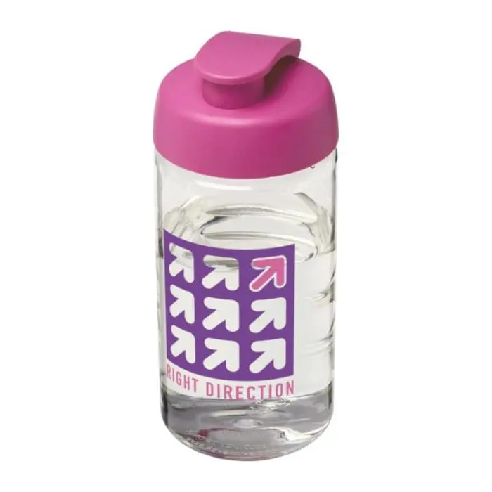 Printed H2O Active Bop Flip Lid Bottle 500ml in clear with pink lid and printed logo