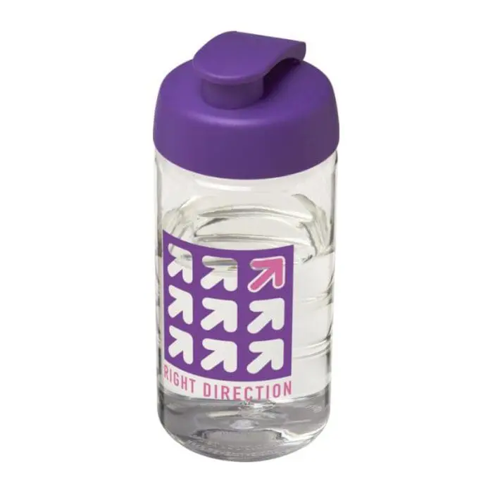 Printed H2O Active Bop Flip Lid Bottle 500ml in clear with purple lid and printed logo