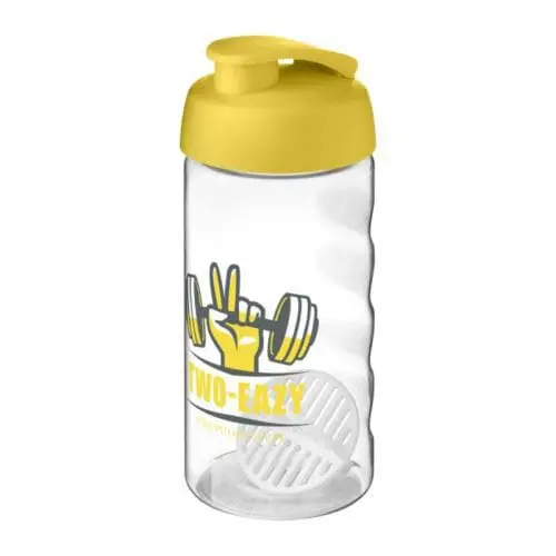 Printed Bop Flip Lid Shaker Bottle 500ml in clear with yellow lid and printed logo