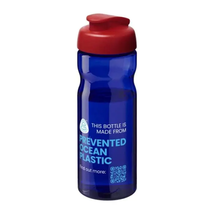 Branded H2O Active Eco Base Flip Lid Bottle in blue with red lid and printed logo