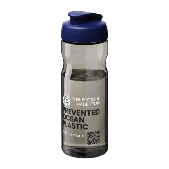 Branded H2O Active Eco Base Flip Lid Bottle in grey with blue lid and printed logo