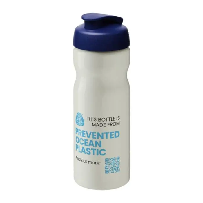 Promotional H2O Active Eco Base Flip Lid Bottle in ivory with blue lid and printed logo