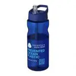 Branded H2O Active Eco Base Spout Lid Bottle in blue with blue lid and printed logo