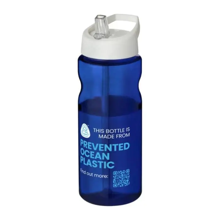 Branded H2O Active Eco Base Spout Lid Bottle in blue with white lid and printed logo