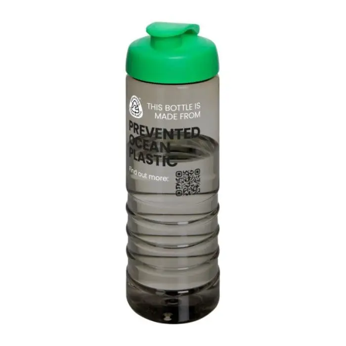 Printed Eco Treble Flip Lid Bottle 750ml in grey with green lid and printed with logo