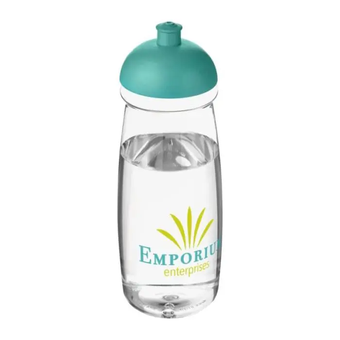 Promotional H20 Active Pulse Dome Lid Bottle 600ml in clear with aqua lid and printed logo