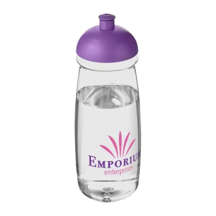 Promotional H20 Active Pulse Dome Lid Bottle 600ml in clear with purple lid and printed logo