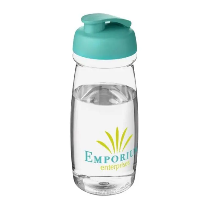 Promotional H20 Active Pulse Flip Lid Bottle 600ml in clear with turquoise lid and printed logo